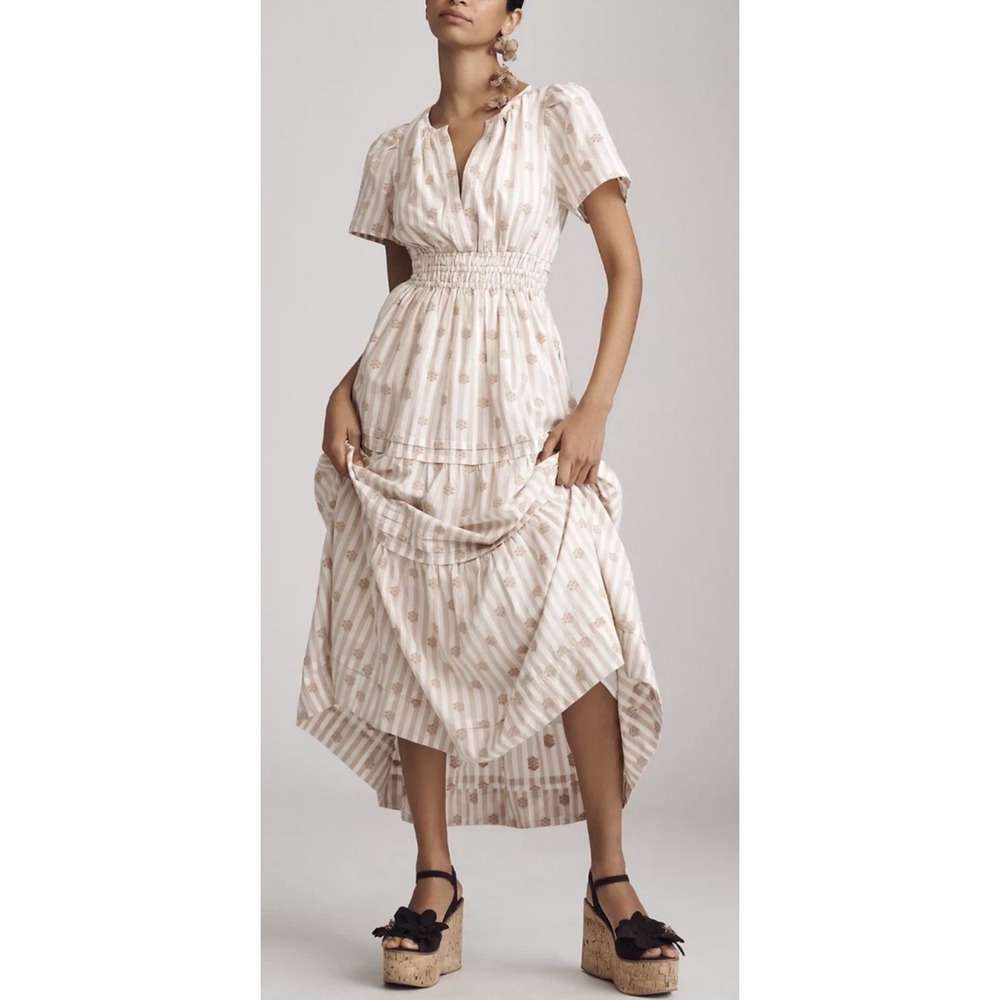 Anthro Somerset Maxi Dress XL Peach Stripe Floral Cotton Cottagecore Boho Tiered